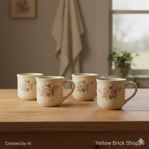 Pfaltzgraff Tea Rose Stoneware Coffee Mugs – Lot of 4 – Made in USA – 1980s